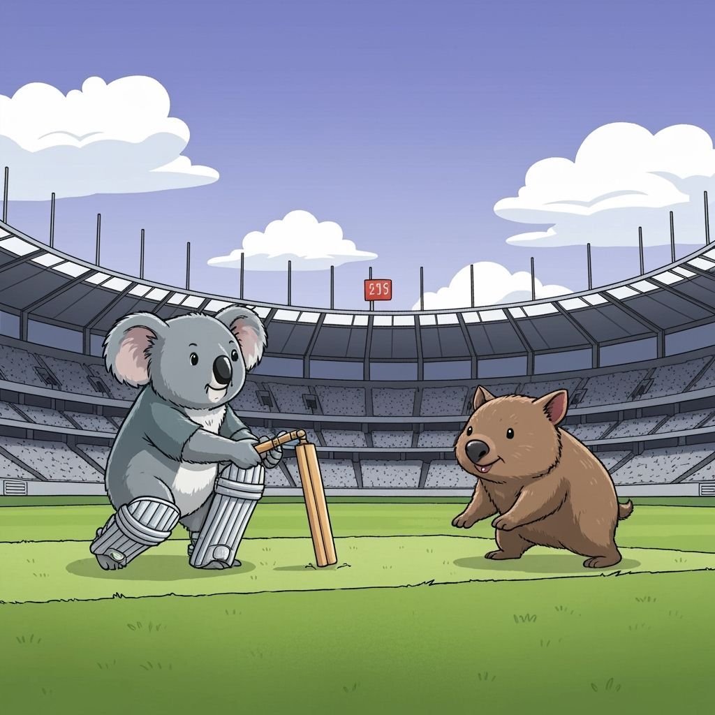 Cartoon Koala Plays Cricket Against Wombat In Stadium
