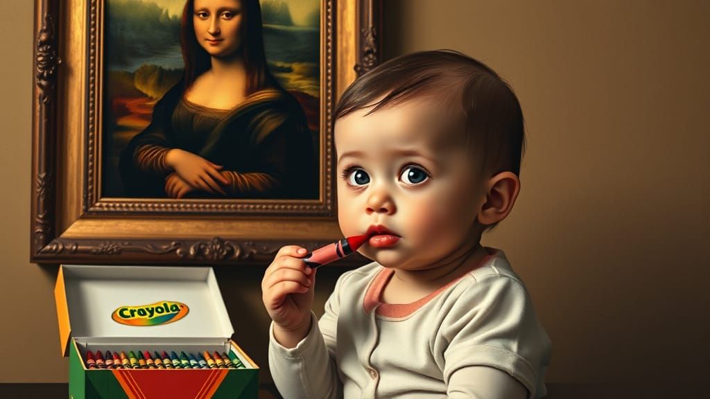 Baby Mona Lisa Applies Lipstick, Playful Elegant Style