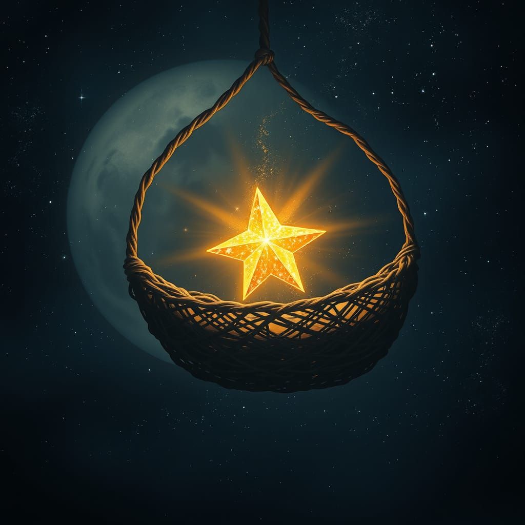 Golden Star in Celestial Cradle Under Indigo Night Sky