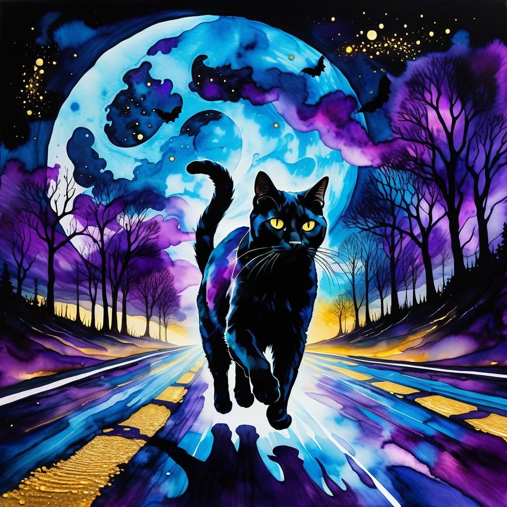 Surreal Black Cat in Alcohol Ink Style