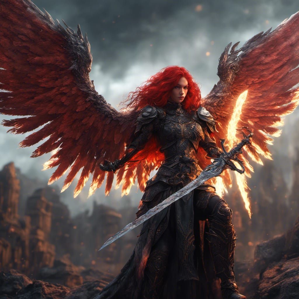 Red-Haired Dark Angel with Glowing Sword