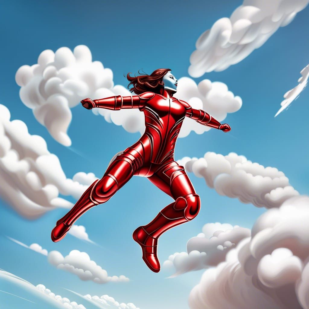 Iron Woman Skydiving in Red Metallic Armor