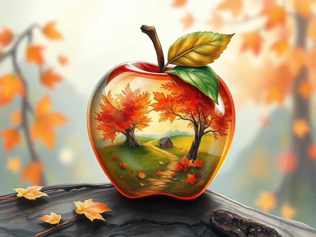 Glass Apple Reflecting Mystical Autumn Landscape
