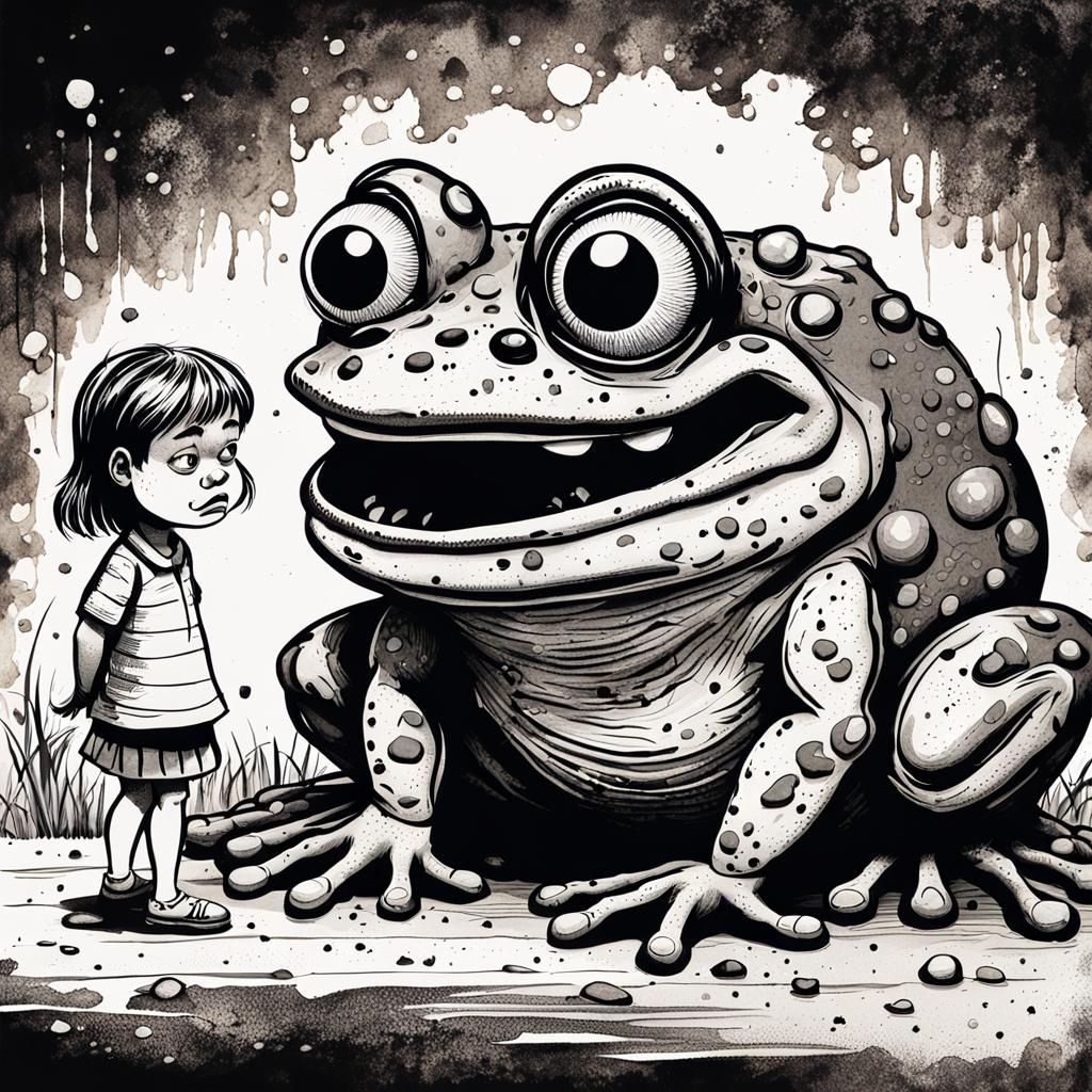 Menacing Frog Glaring at Girl: Caricature Illustration