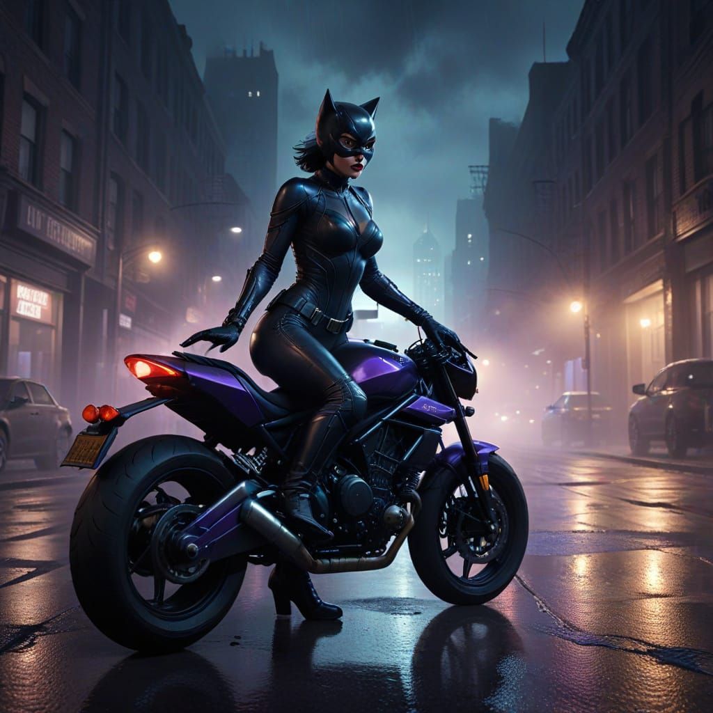 Catwoman Speeds Through Gotham City on Her Cyberpunk Cat Mot...