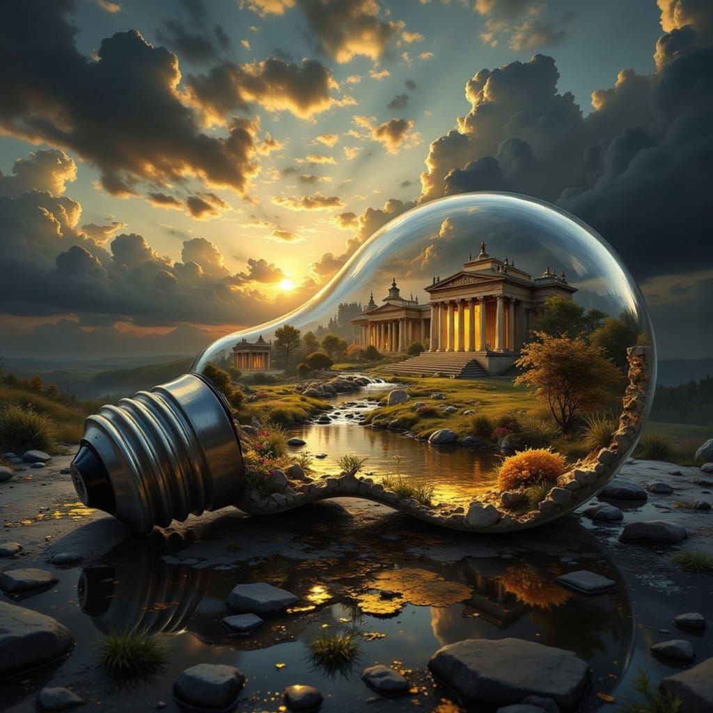 Shattered Lightbulb Reveals Hidden Temple Landscape Painting