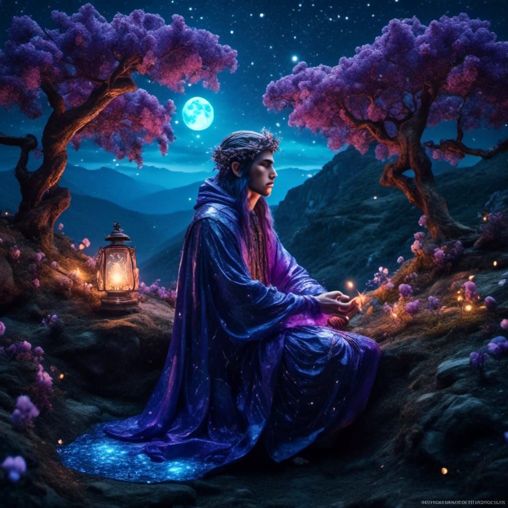 Elf in Wisteria Forest at Night as 3D Anime Art