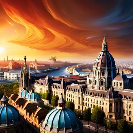 Steampunk Flying Bicycles Over Budapest in Matte Painting St...