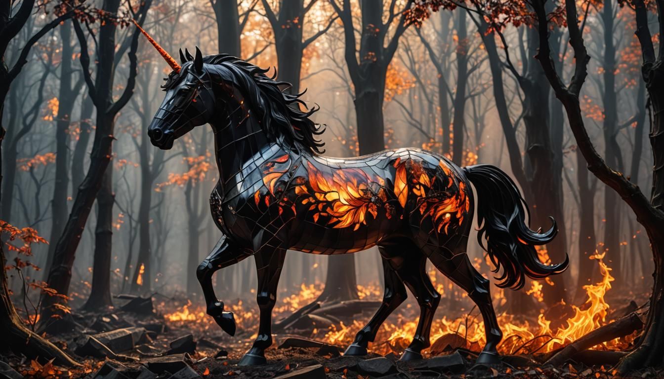 Fiery Black Unicorn in Burning Forest: Stained Glass Mosaic