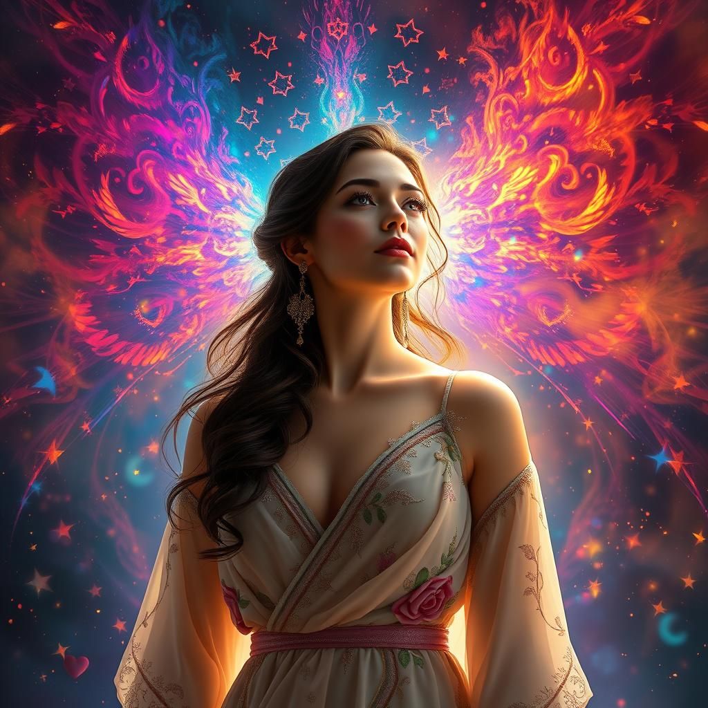Radiant Woman Portrait with Ethereal Aura in Digital Art