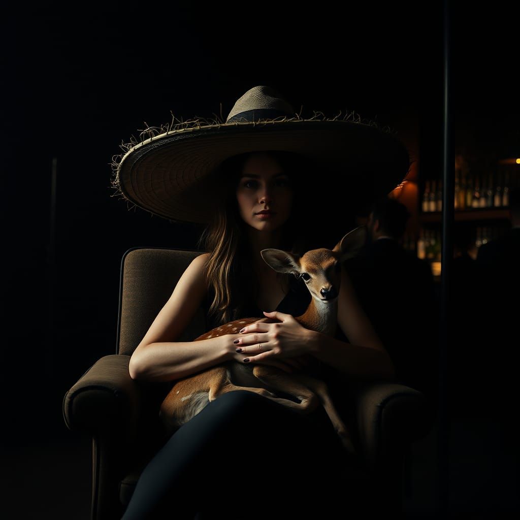 Woman with Fawn in Dark Room, Mysterious Portrait