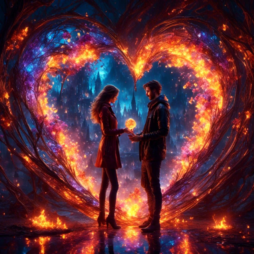 Romantic Couple in Glass Heart, Fantasy Illustration