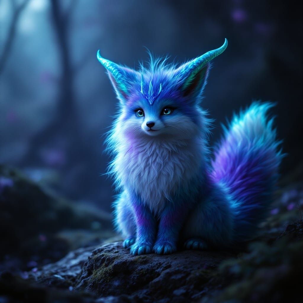 Mythical Fluffy Fox Creature with Horns and Wings