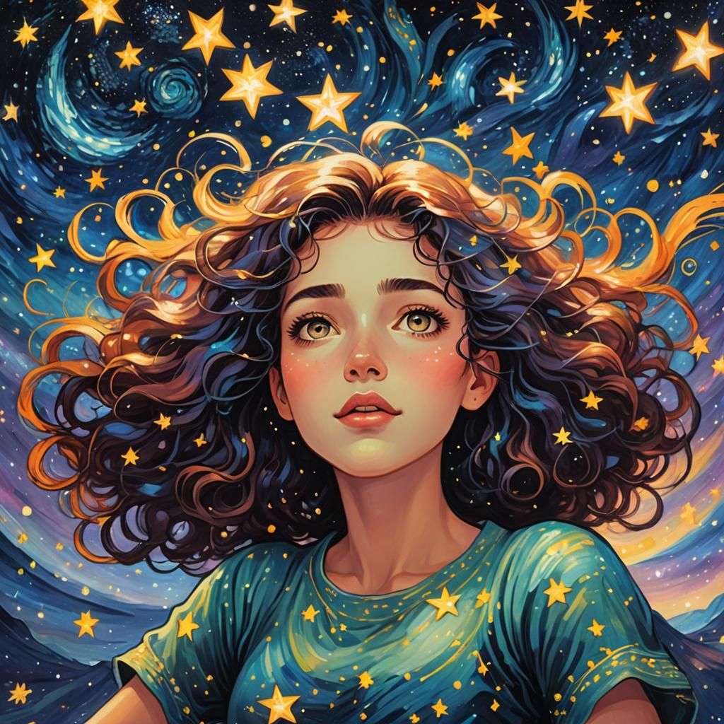 Mystical Starry-Eyed Girl in Rebecca Sugar Style