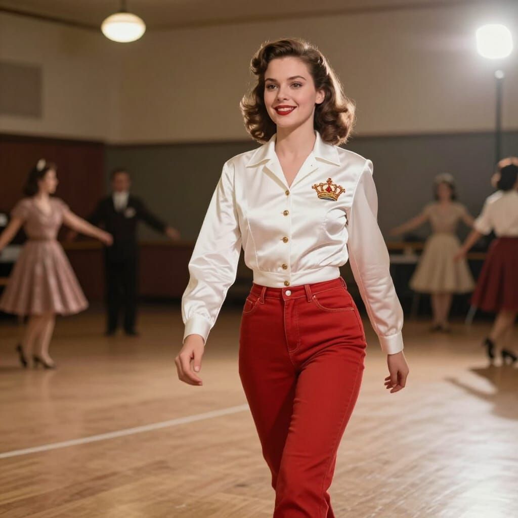 1950s Woman Enters Gymnasium Dance Floor