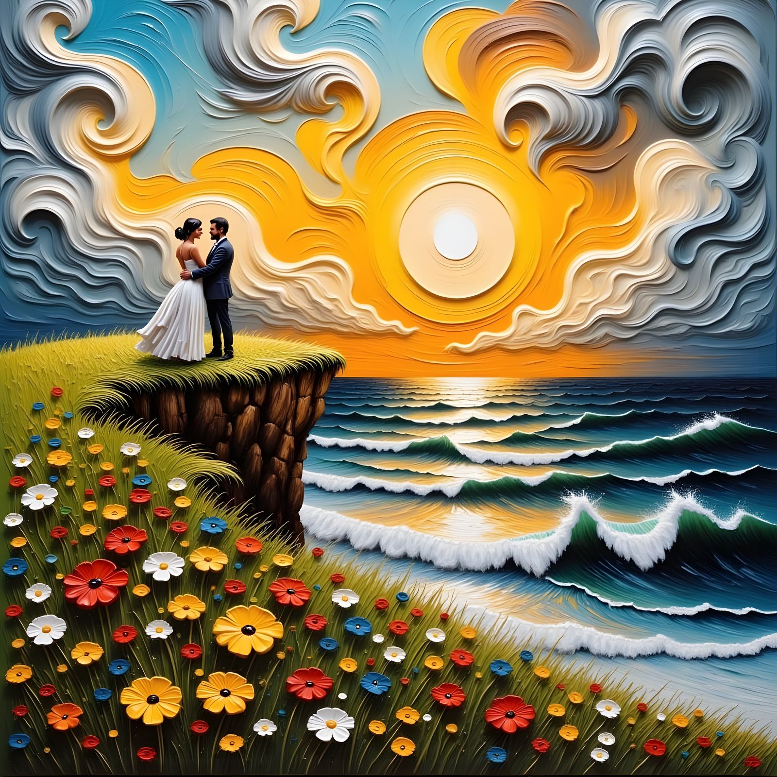 Textured Oil Painting of Couple Embracing at Cliff Edge