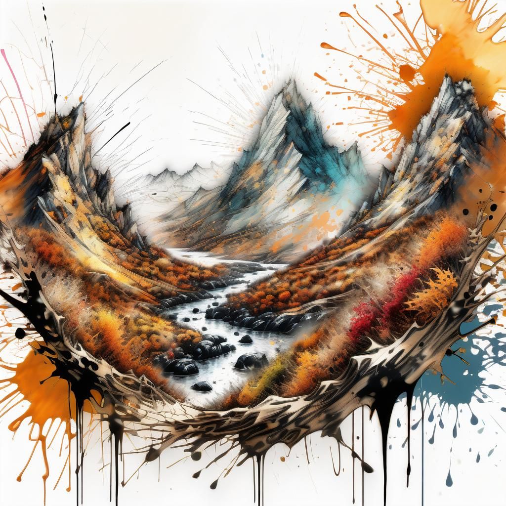 Autumnal Mountainscape in Digital Splatter Ink Illustration