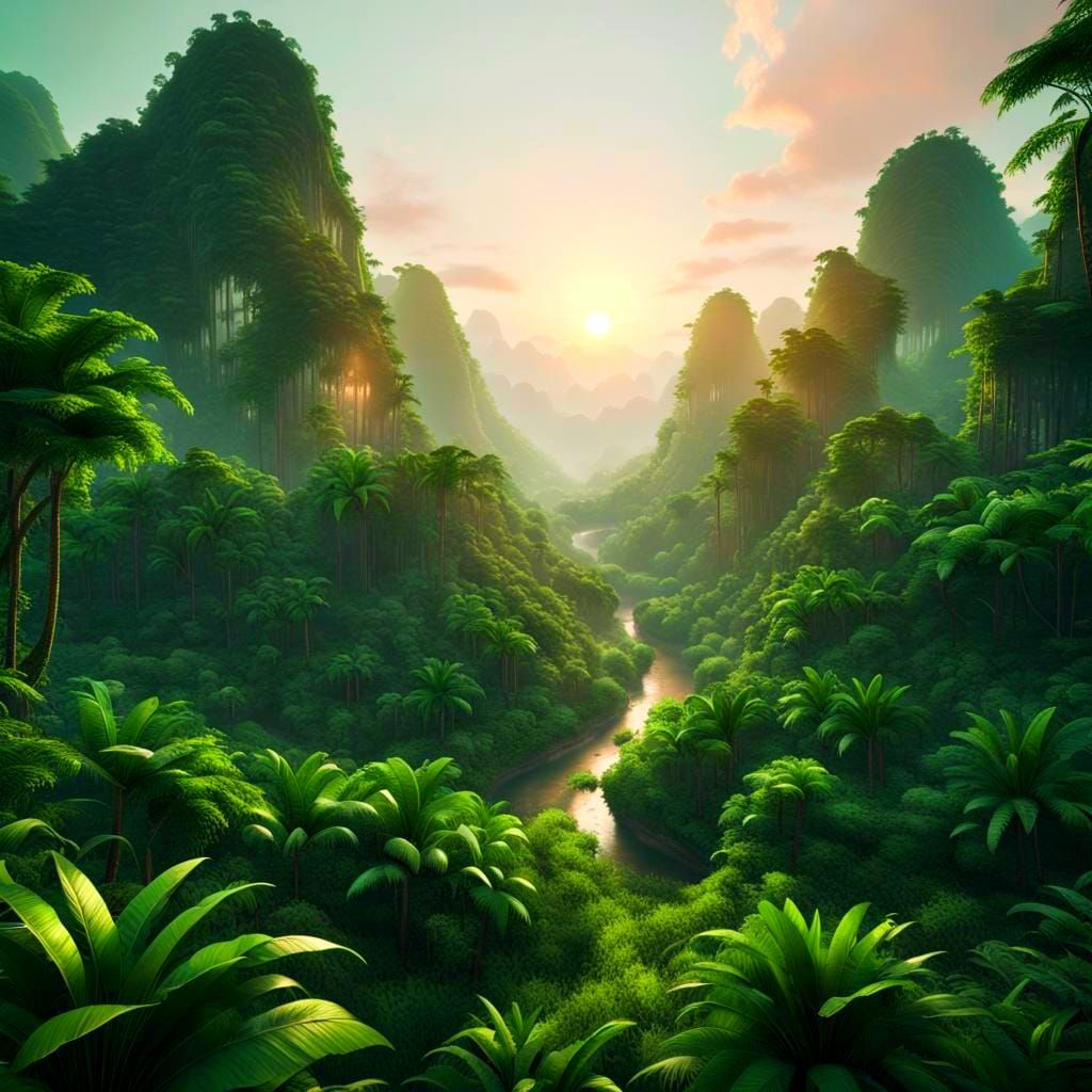Sunset Over a Lush Green Jungle in Southern China Style