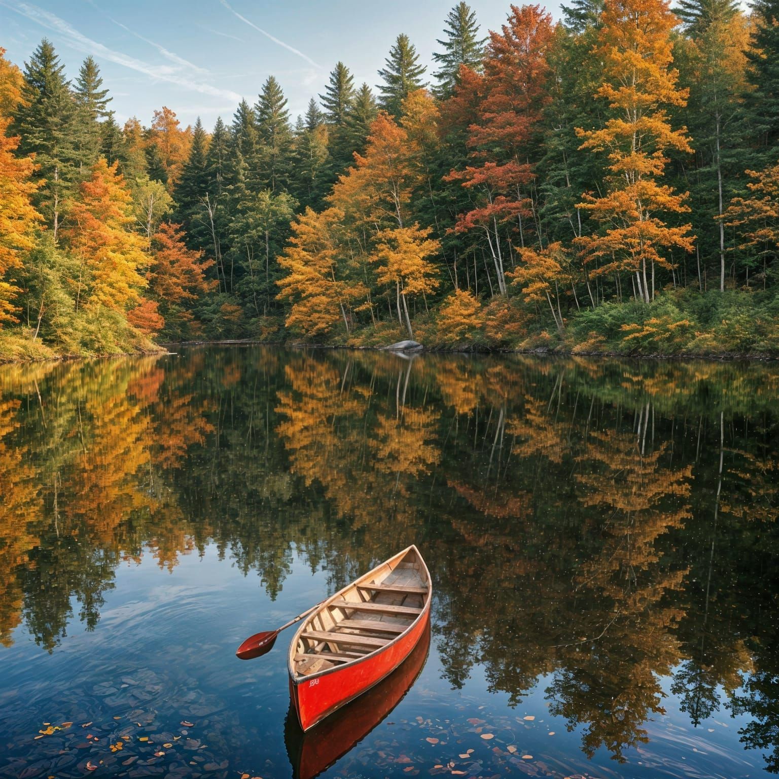 Autumn Scene of Serenity Amidst a Fiery Forest Reflection