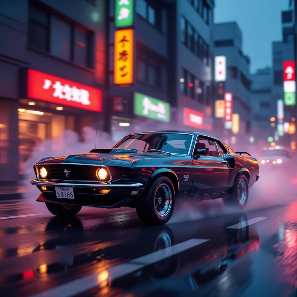1969 Mustang Boss 429 on Wet Tokyo Street