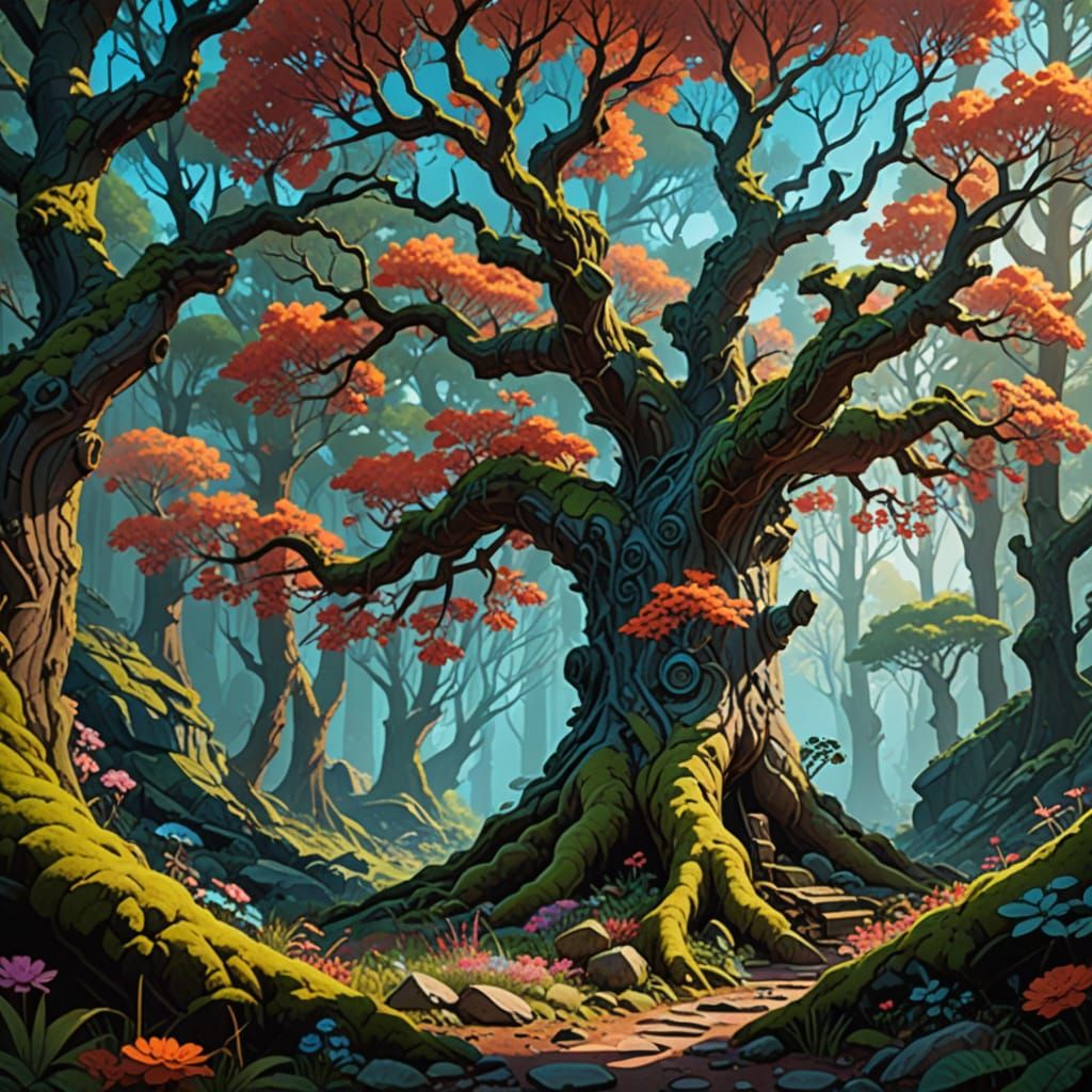 Majestic Tree in Vibrant Forest, a Surreal Oil Painting in P...
