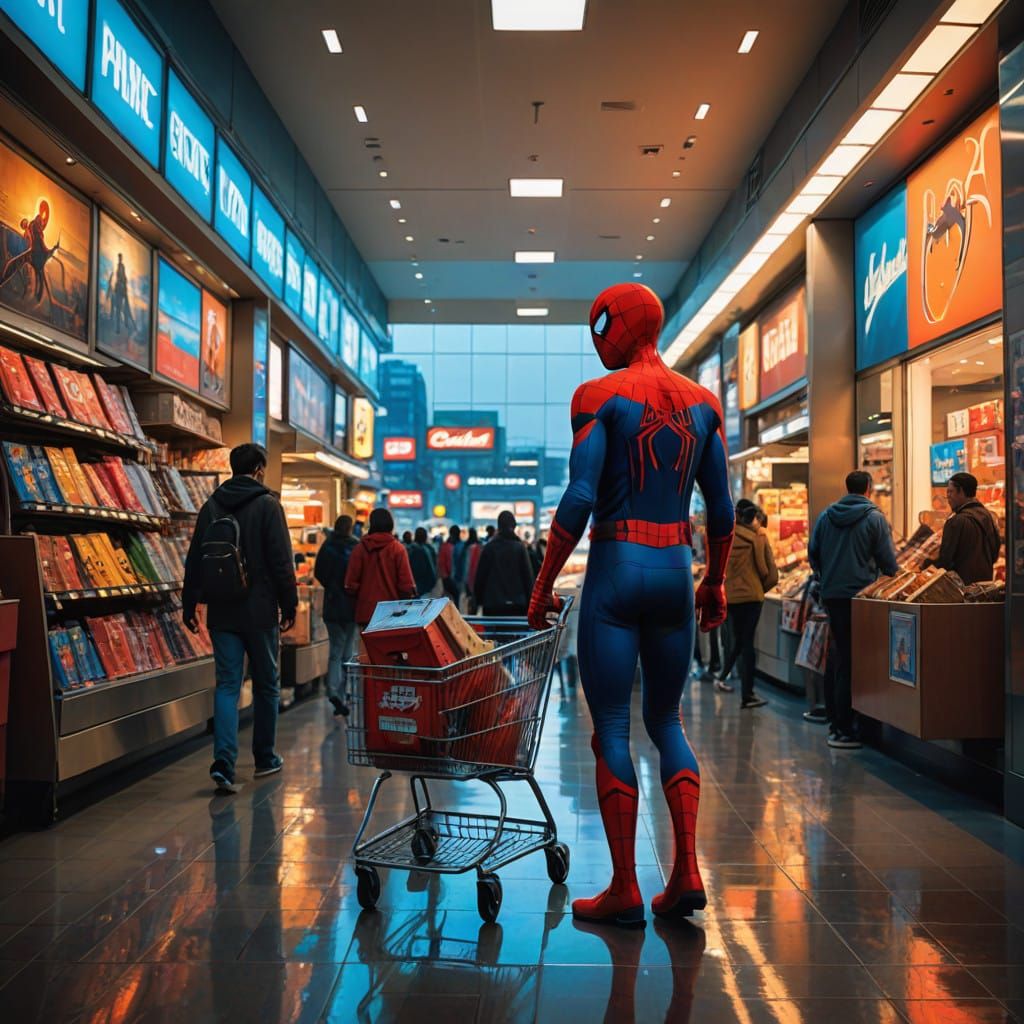 Spider-Man in a Futuristic Mall Scene, in Hyperrealistic Sty...