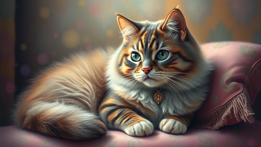 Colorful Art Cat Portrait on Pillow