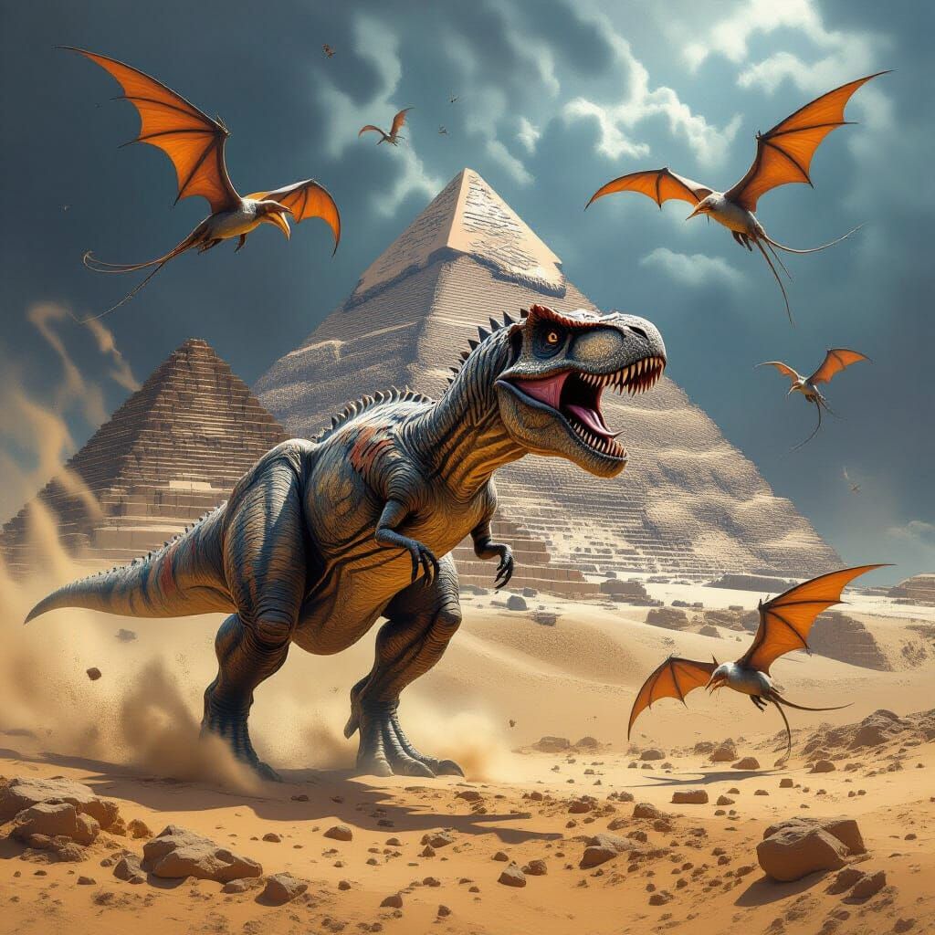 Tyrannosaurus Rex Battle near Giza in Mystical Style
