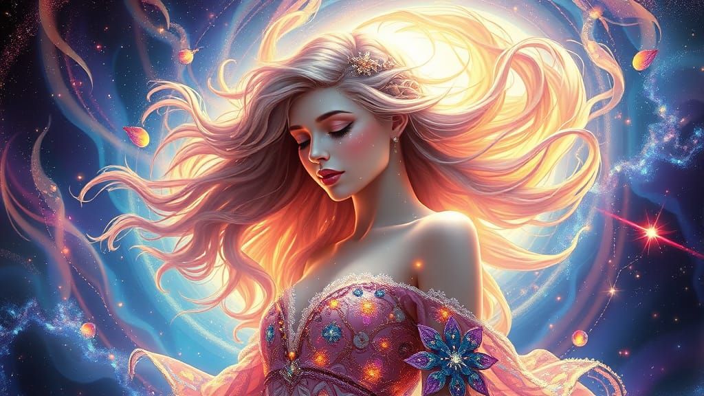 Celestial Goddess Weeping Light in Swirling Nebula