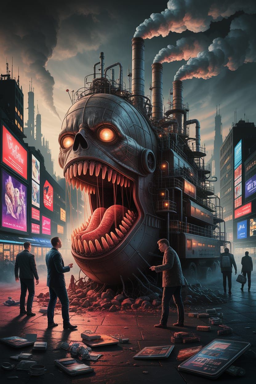 Monstrous Industrial Plant Devouring People in Dystopian Cit...