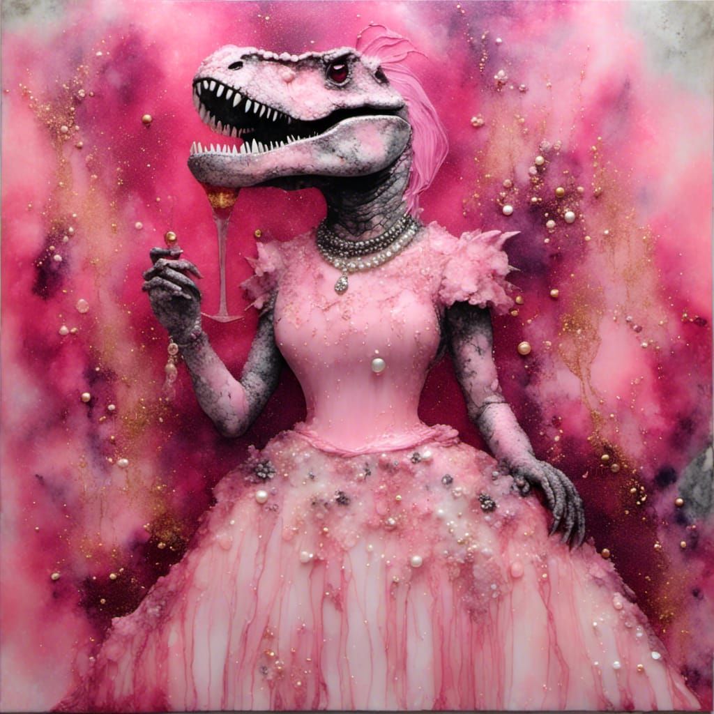 Pink T-Rex in Dress with Champagne, Mixed Media Collage