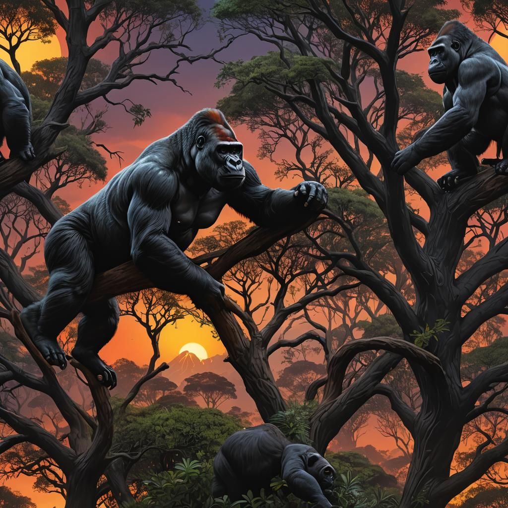 African Gorilla Double Exposure Sunset Landscape Art