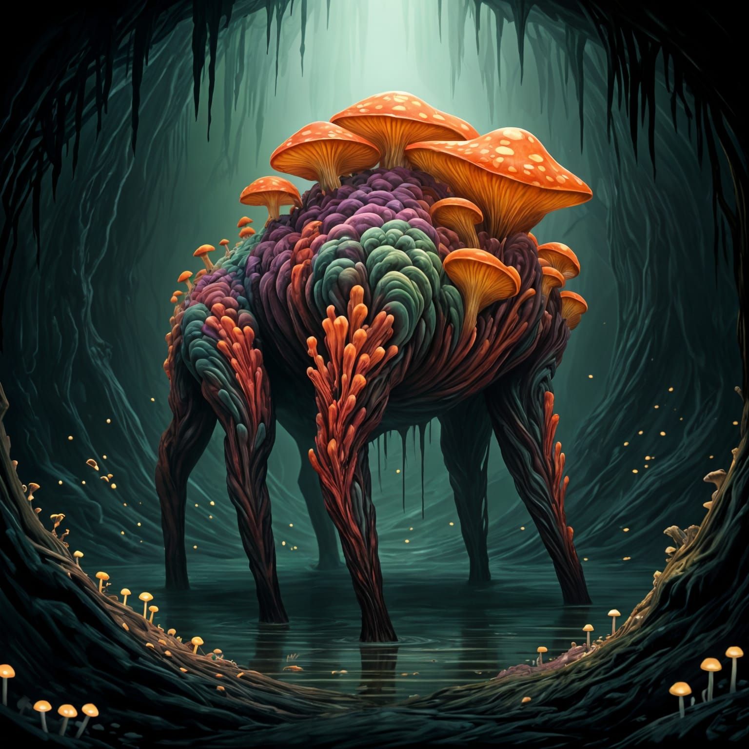 Dark Fantasy Corrupted Mushroom Beast in Underground Swamp