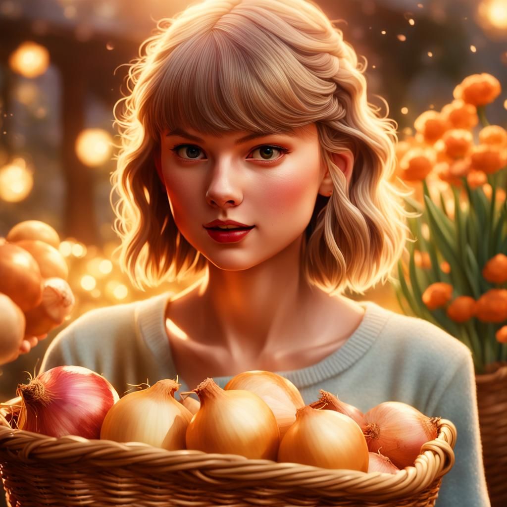 Taylor Swift Portrait with Onions in Hyperrealistic Style