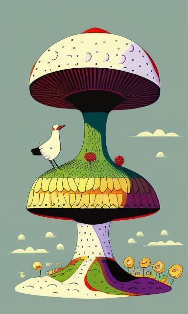 White Bird in Mushroom Forest: Pop Art Screenprint