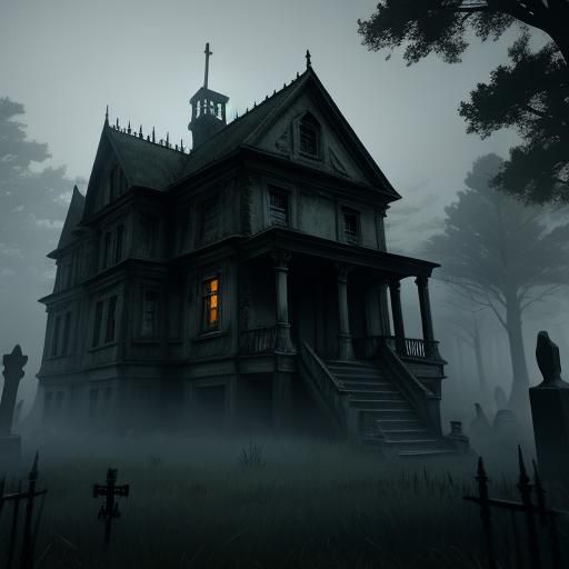 Eerie Haunted House in Misty Cemetery: 3D Game Cinematic