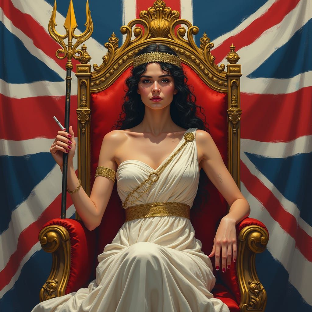 Majestic Britannia Goddess Smokes Cigarette on Throne