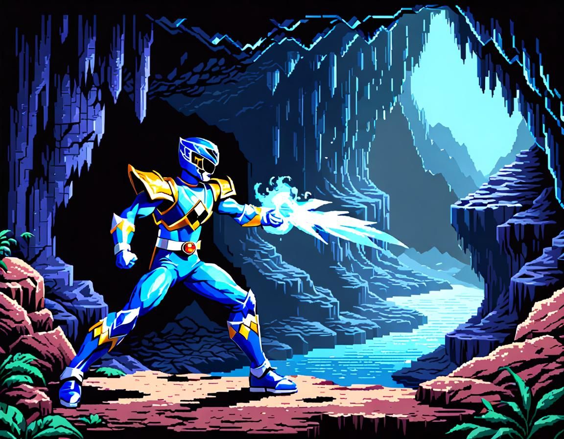 Blue Power Ranger Exploring Dark Cave in Pixel Art