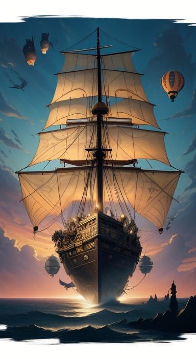 Miniature Pirate Airship at Sunset in Dark Fantasy Style