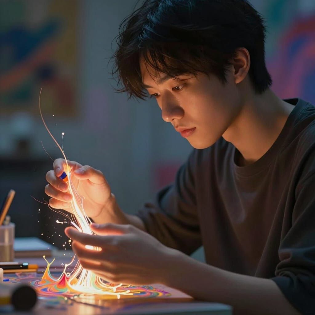 Artist Absorbed in Creation with Glowing Energy