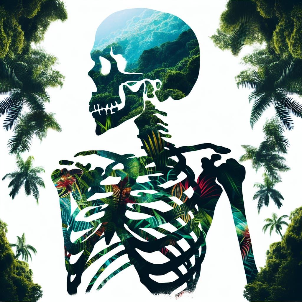 Skeleton Silhouette in Jungle, Spray Paint Style