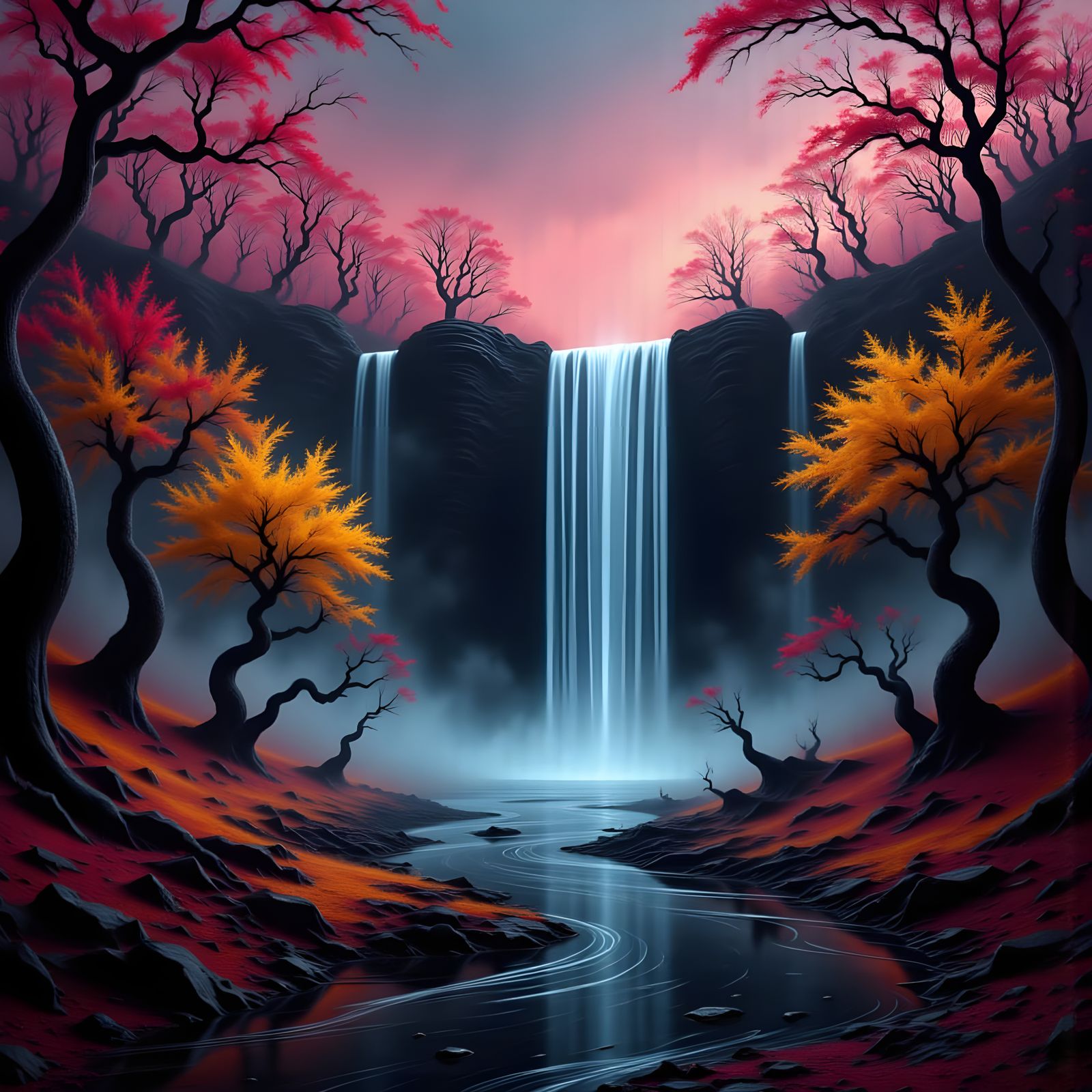 Surreal Autumn Waterfall in Wild Neon Colors
