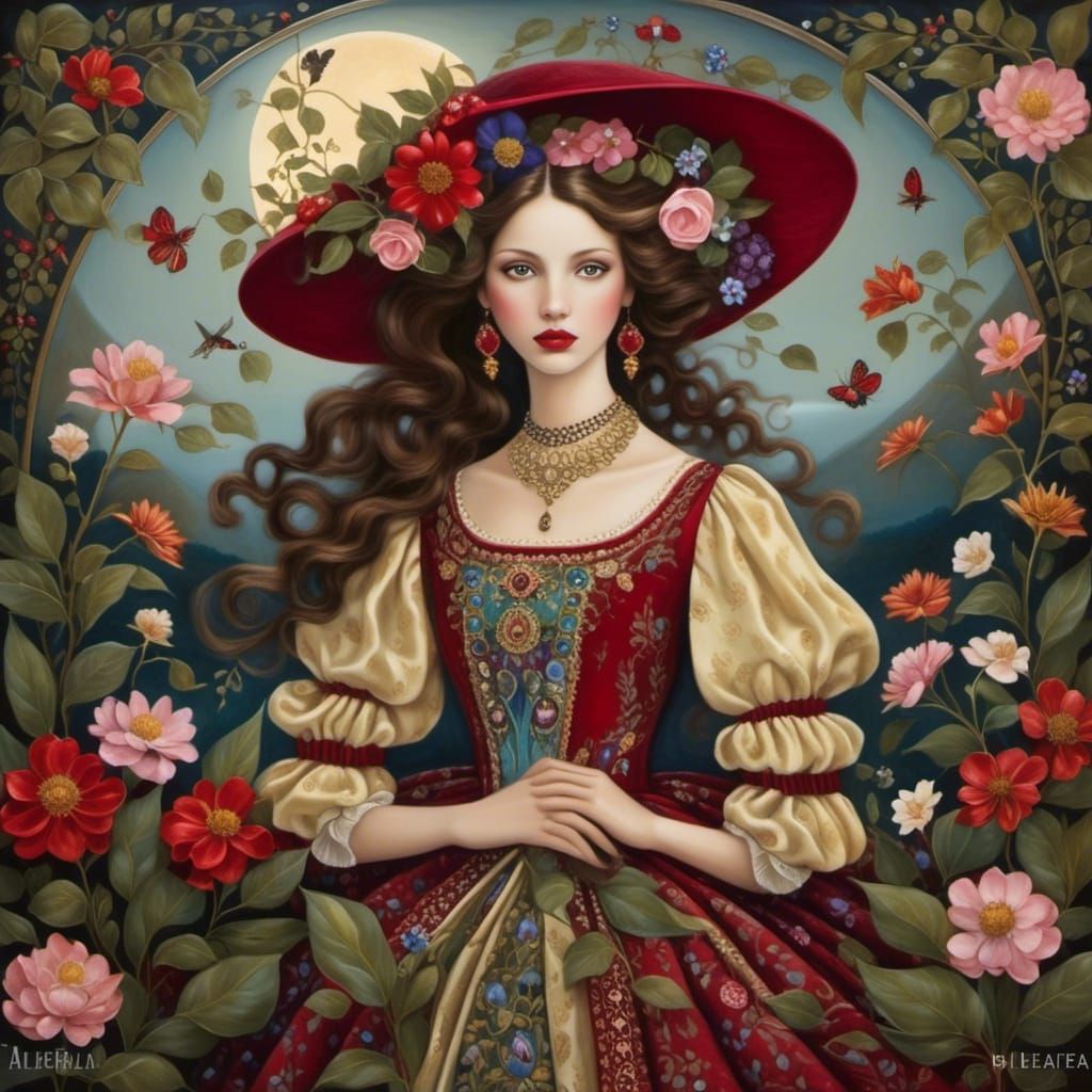 Victorian Woman with Flowers, Magical Night Portrait