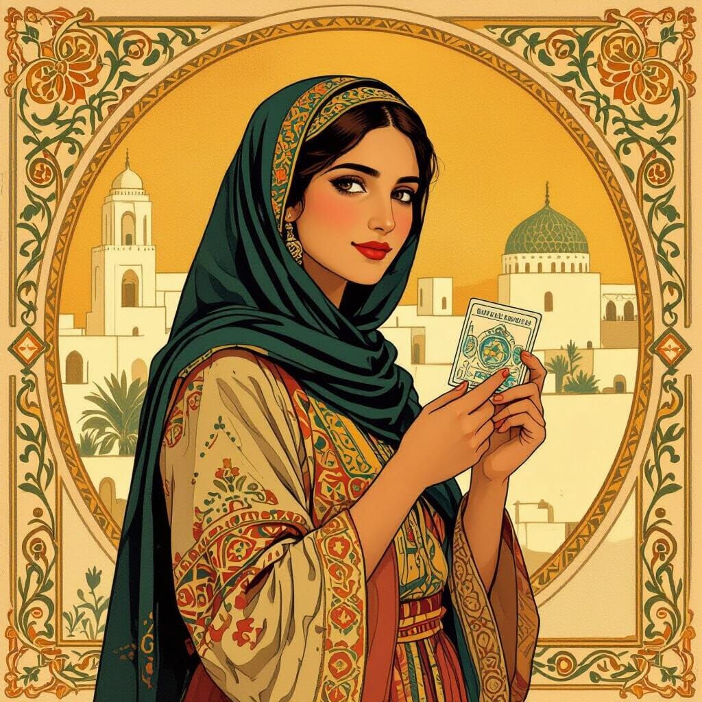 Tunisian Woman with Travel Card in Art Nouveau Style