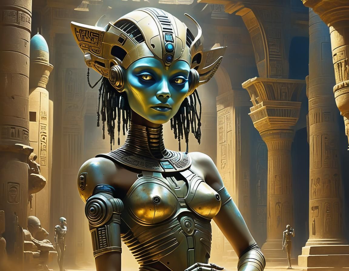 Cyborg Alien in Egyptian Temple, Oil Painting