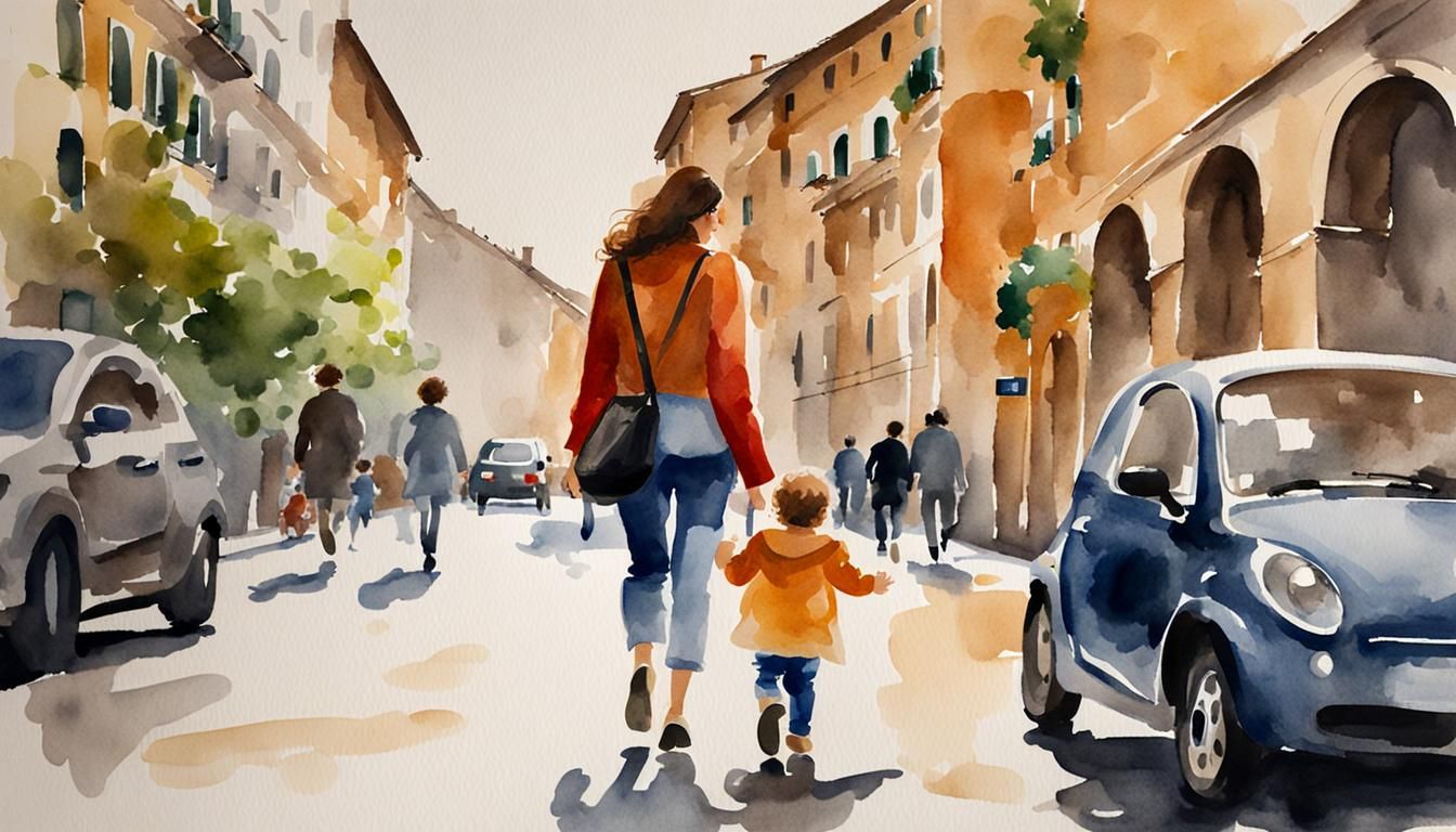 Watercolor Painting of Italian Woman and Child