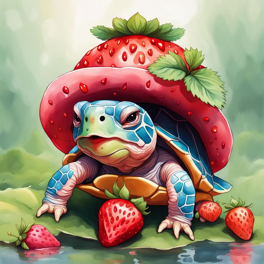 Strawberry Turtle in Watercolor with Strawberry Hat