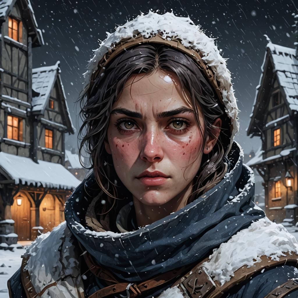 Medieval Rogue Portrait in Brutalist Winter Scene