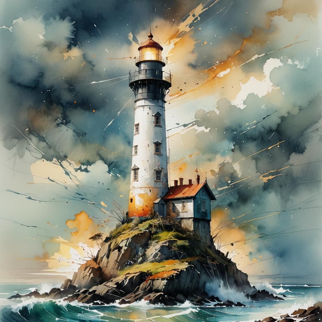 Breathtaking Lighthouse at Golden Hour in Watercolor