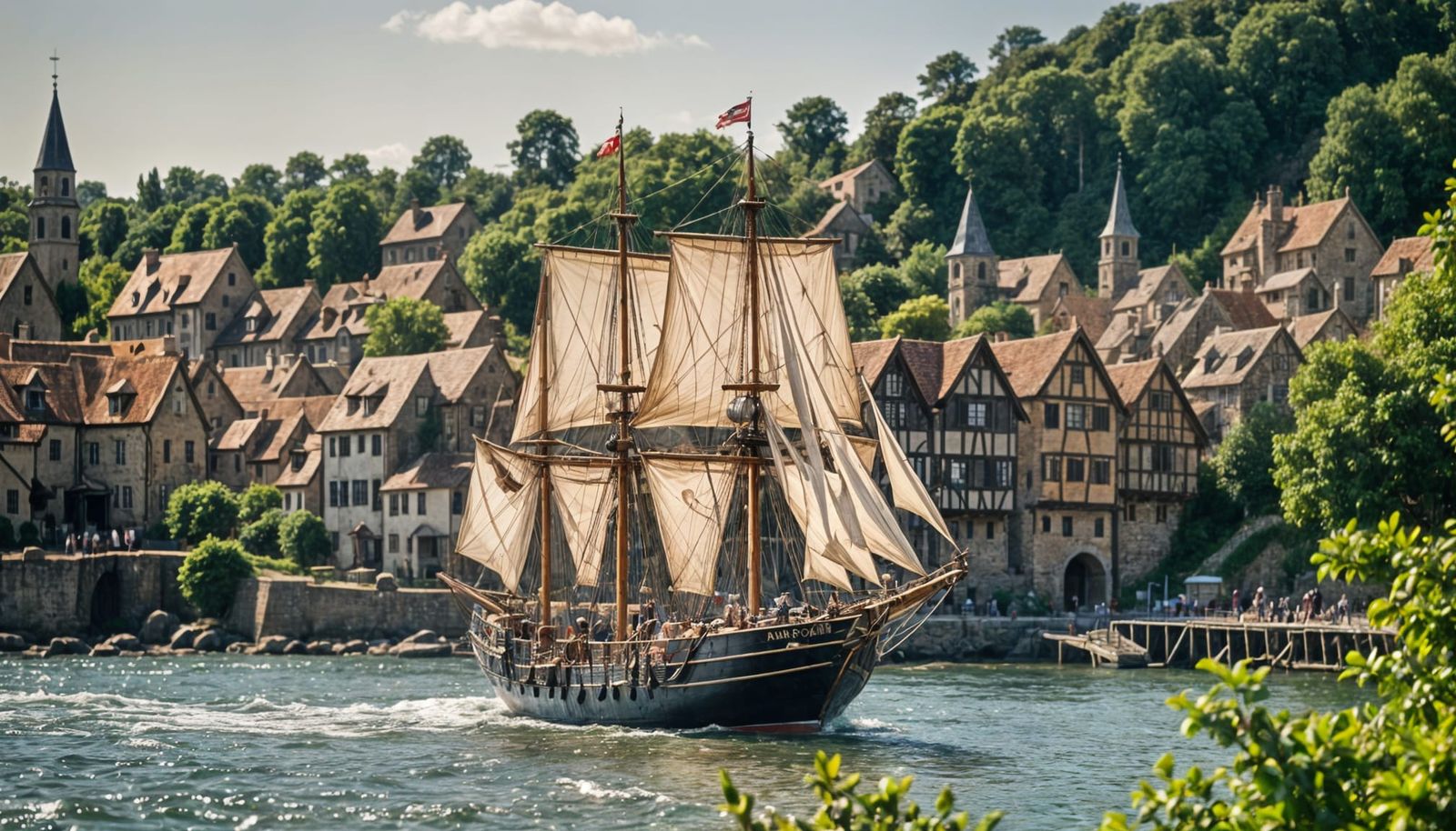 Sailing Ship Departs from Historic Coastal Village in a Warm...